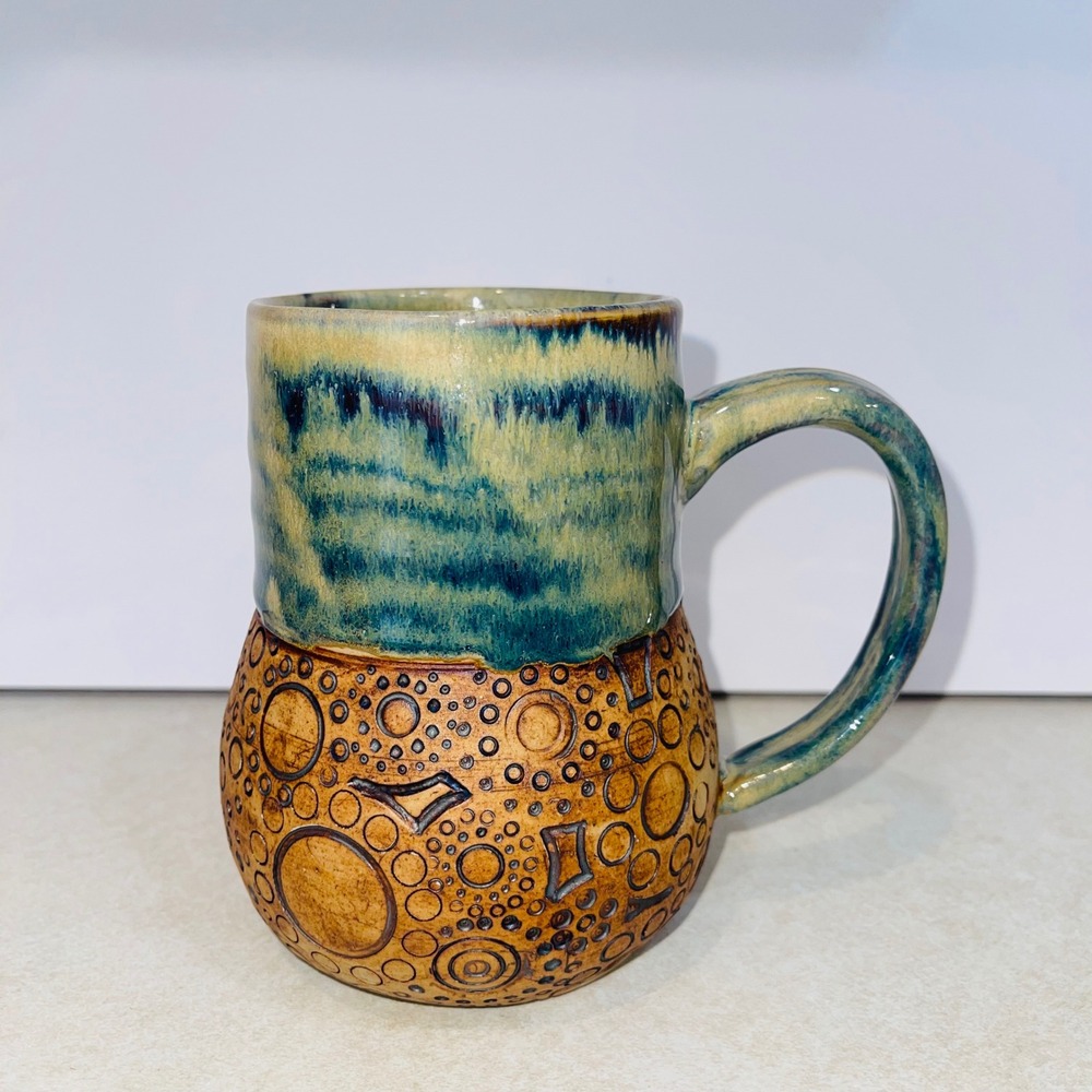 Studio Art Pottery Mug Artist Signed Slate 13 Drip Glaze Geometric  Texture